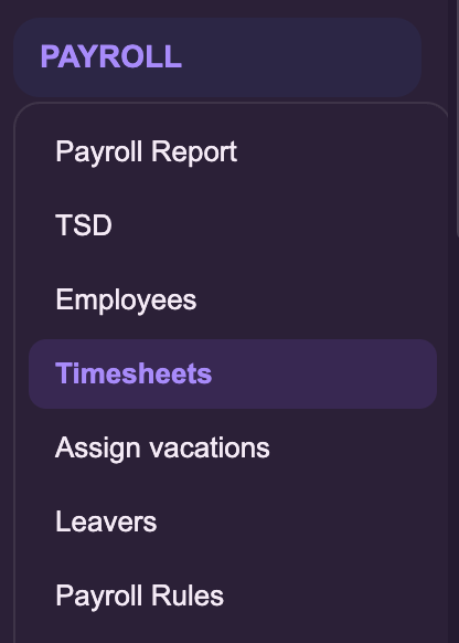 The Payroll menu with Timesheets highlighted